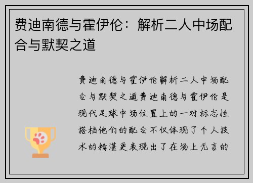费迪南德与霍伊伦：解析二人中场配合与默契之道